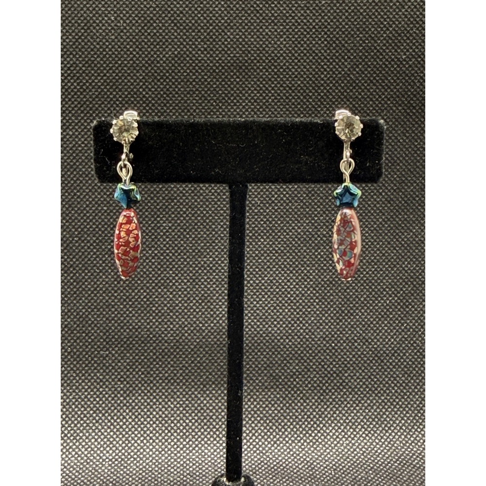 Vintage Silver Tone Clip On Earrings Rhinestone & Star Red Picasso Czech Glass